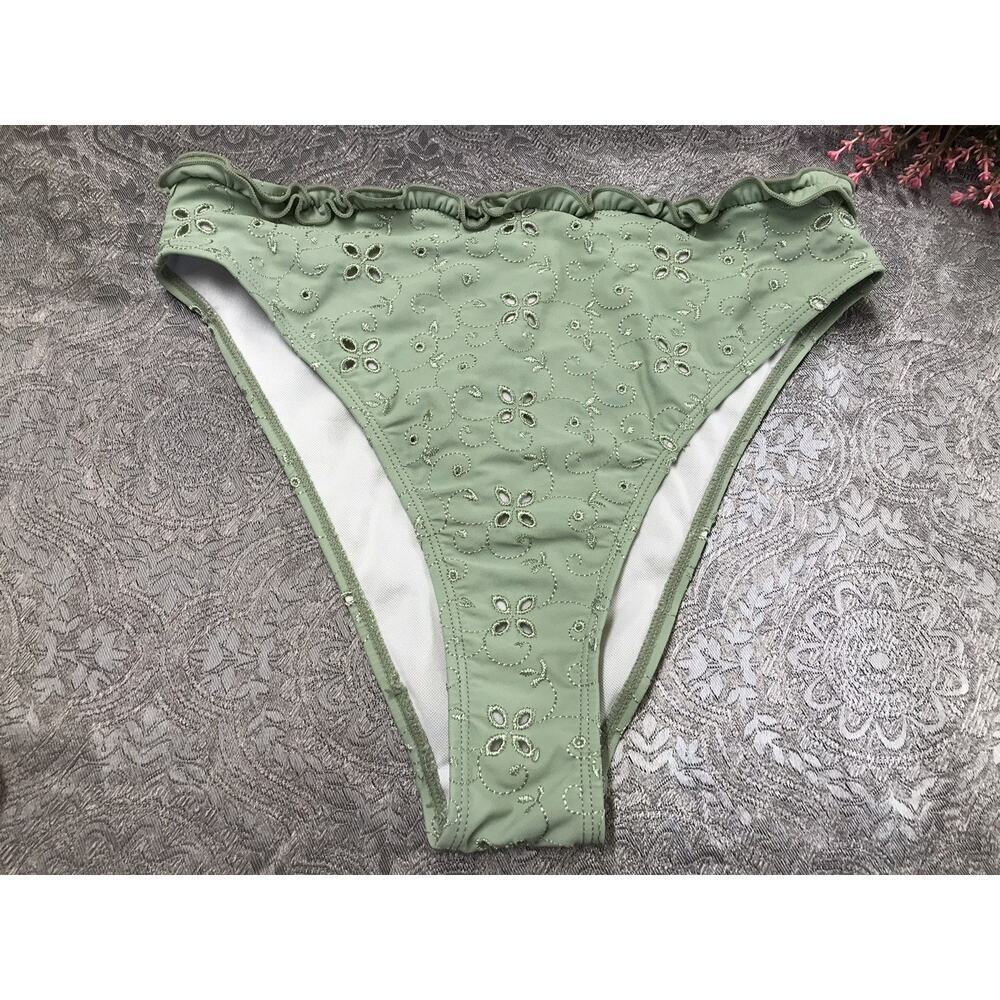VGT Nasty Gal COLLECTIO Women's 4 Bikini Bottom GREEN EMBROIDERY Cheeky Swimwear